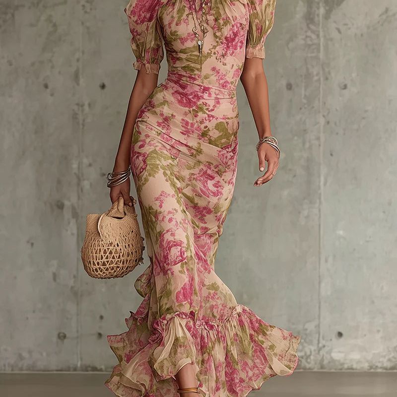 Vintage Rose Print Maxi Dress With Puff Sleeves (Accessories not included)