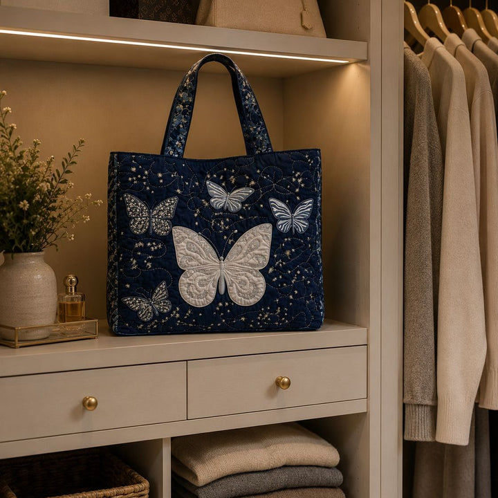 Quilted Tote Bag - Silver Butterfly