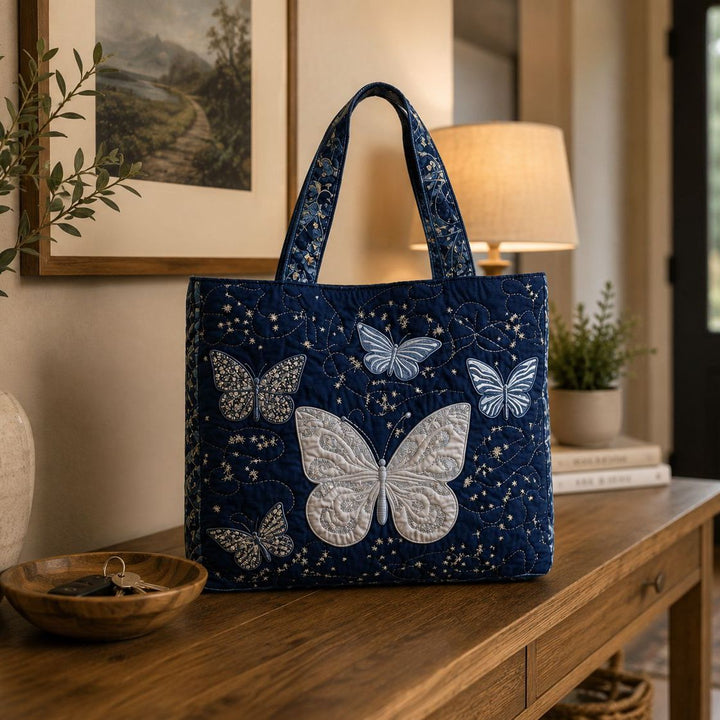 Quilted Tote Bag - Silver Butterfly