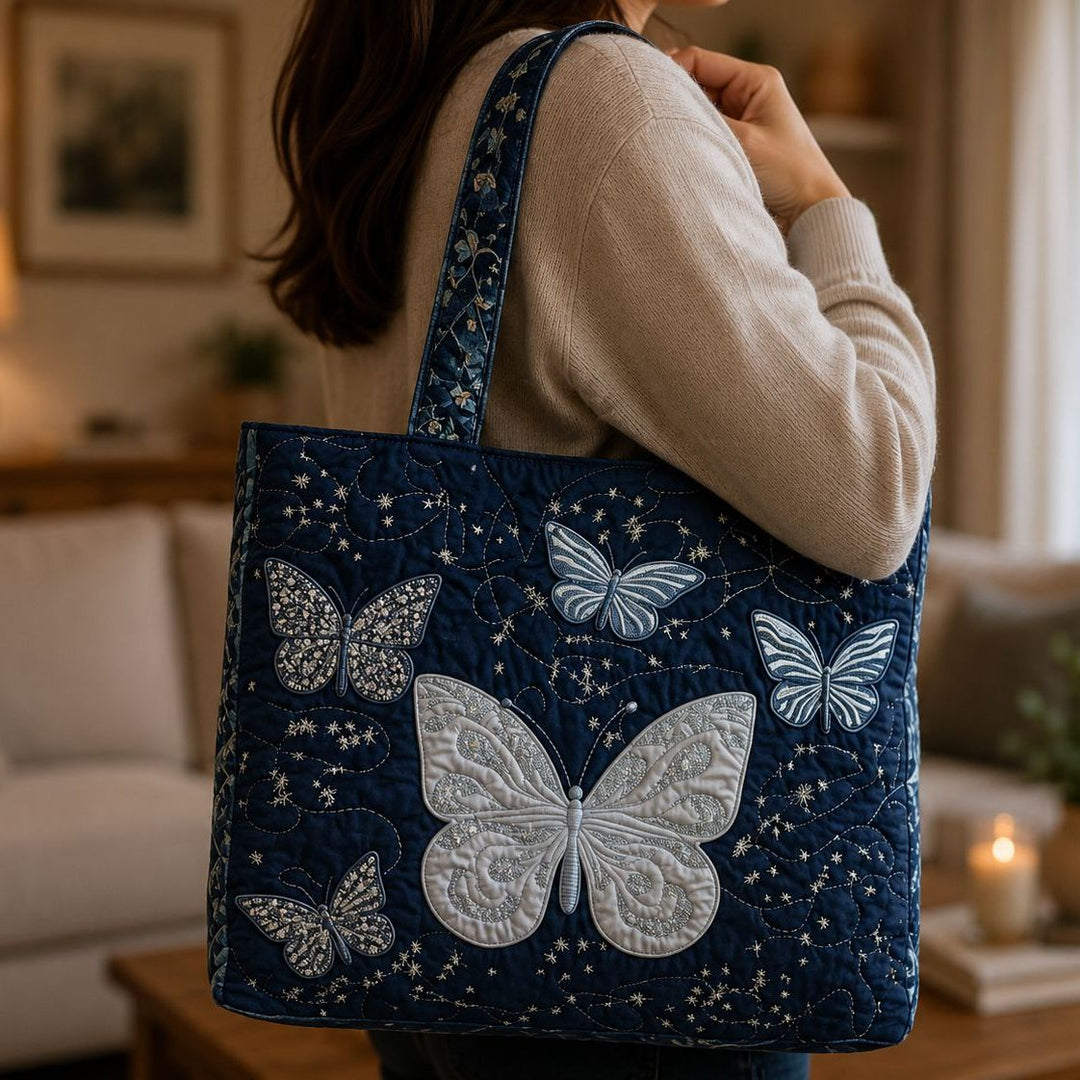 Quilted Tote Bag - Silver Butterfly