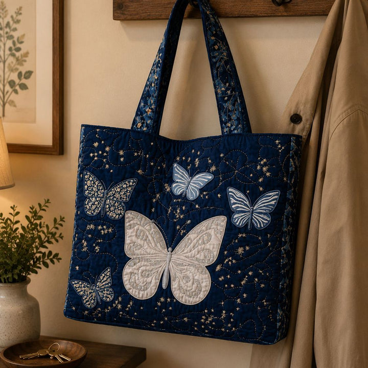 Quilted Tote Bag - Silver Butterfly