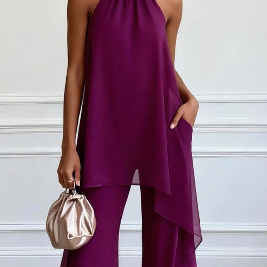 Purple Halter Sleeveless Elegant Top With Pants Two-Piece Set