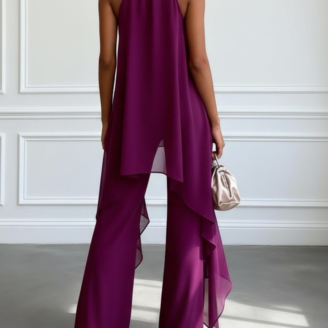 Purple Halter Sleeveless Elegant Top With Pants Two-Piece Set