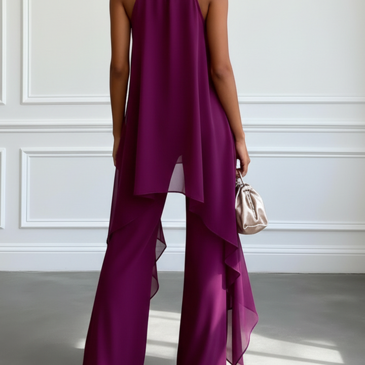 Purple Halter Sleeveless Elegant Top With Pants Two-Piece Set