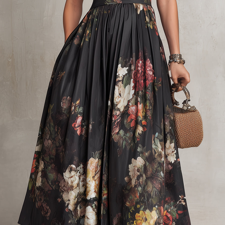 Black Keyhole Collar Floral Pleated Satin Midi Dress