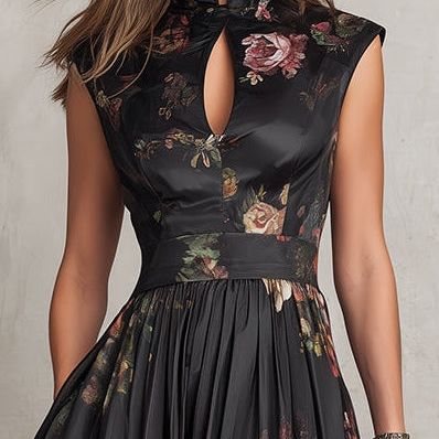 Black Keyhole Collar Floral Pleated Satin Midi Dress