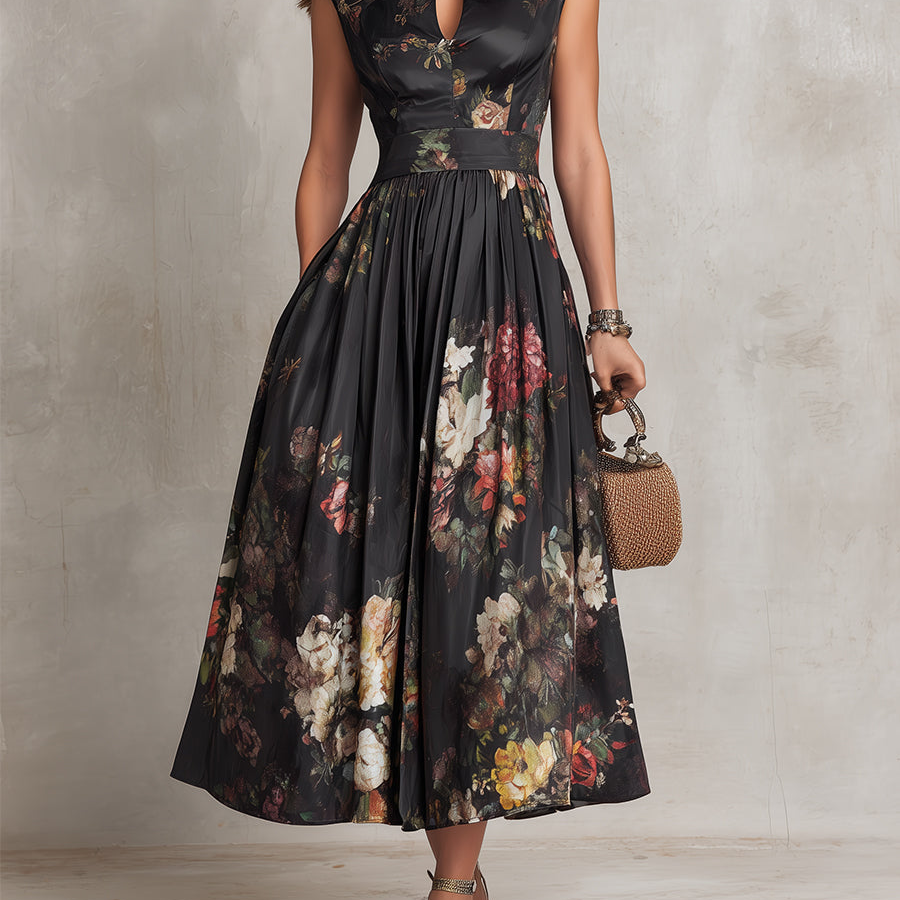 Black Keyhole Collar Floral Pleated Satin Midi Dress