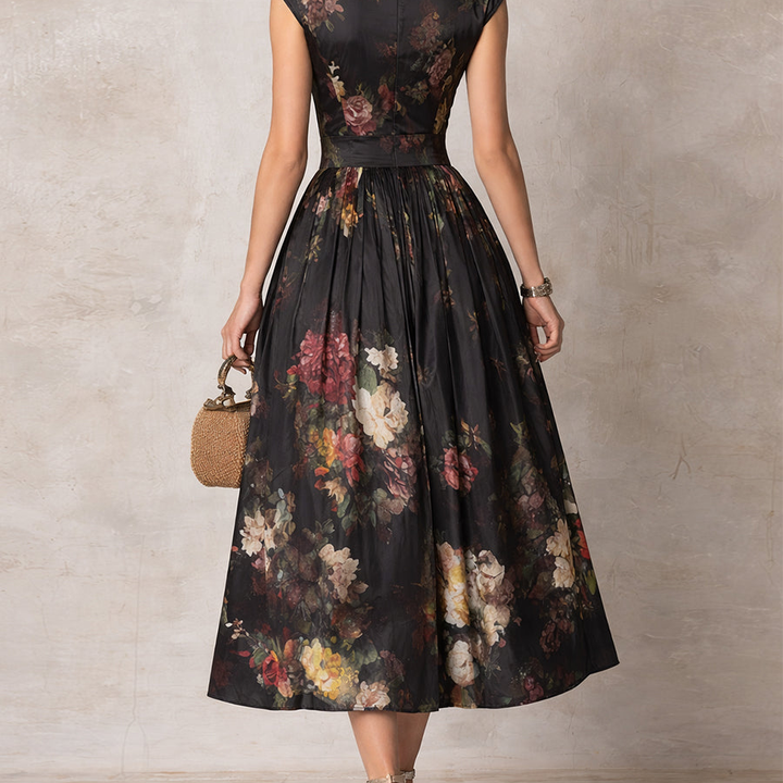 Black Keyhole Collar Floral Pleated Satin Midi Dress