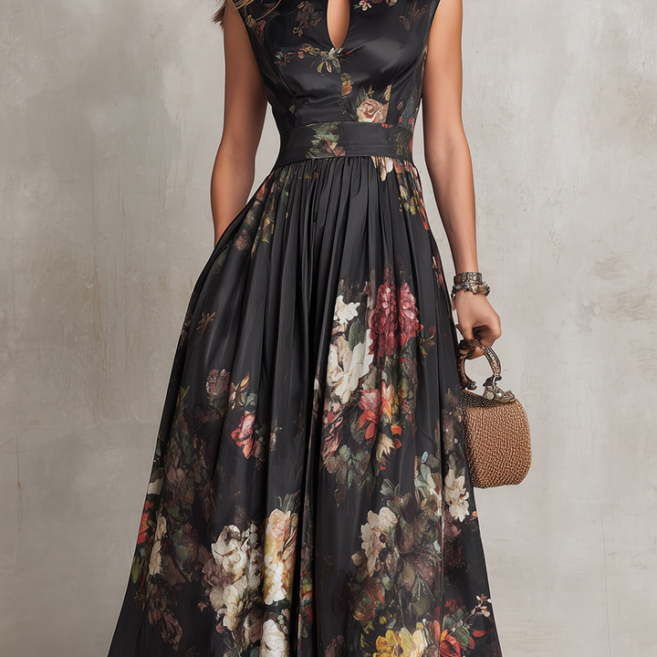 Black Keyhole Collar Floral Pleated Satin Midi Dress