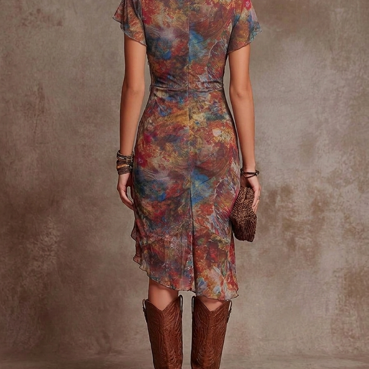 Bohemian Abstract Art Print V-neck Pleated Midi Dress