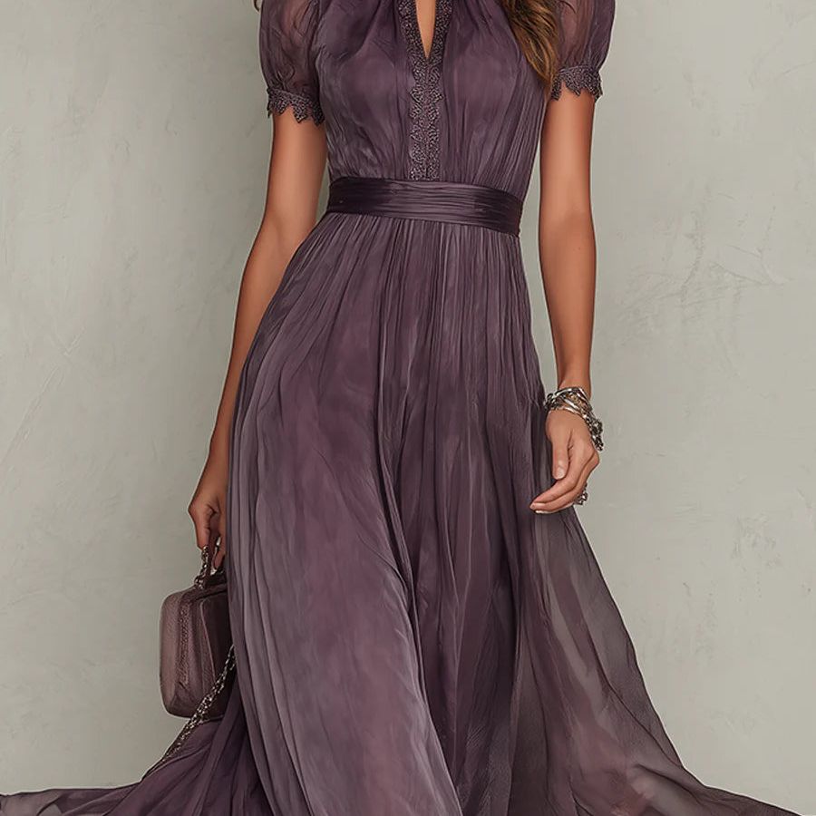 Flavia | Long purple dress with keyhole neckline, chiffon lace trim