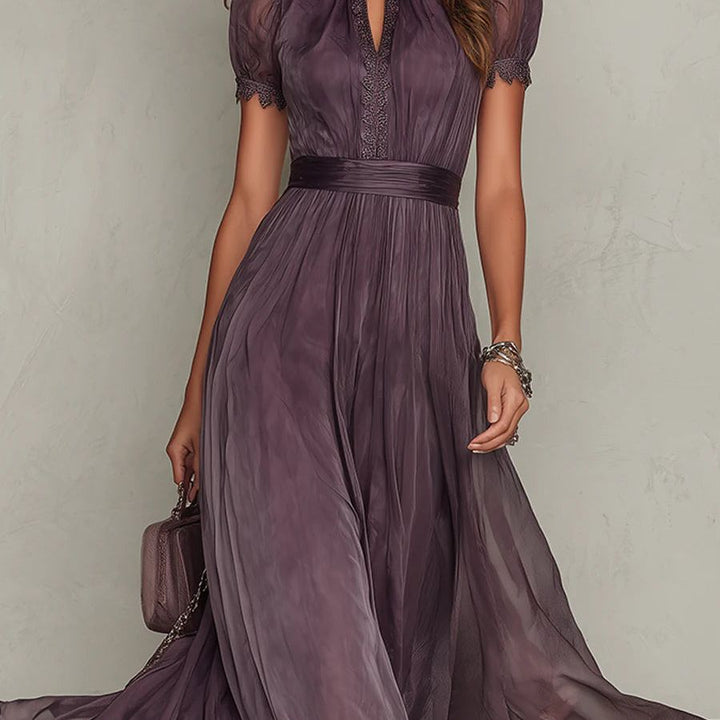 Flavia | Long purple dress with keyhole neckline, chiffon lace trim