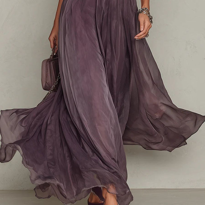 Flavia | Long purple dress with keyhole neckline, chiffon lace trim