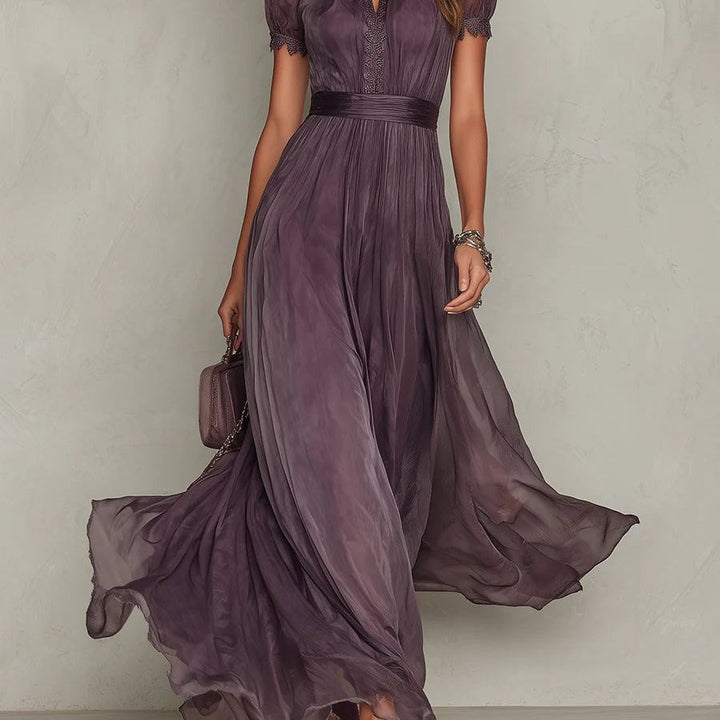 Flavia | Long purple dress with keyhole neckline, chiffon lace trim