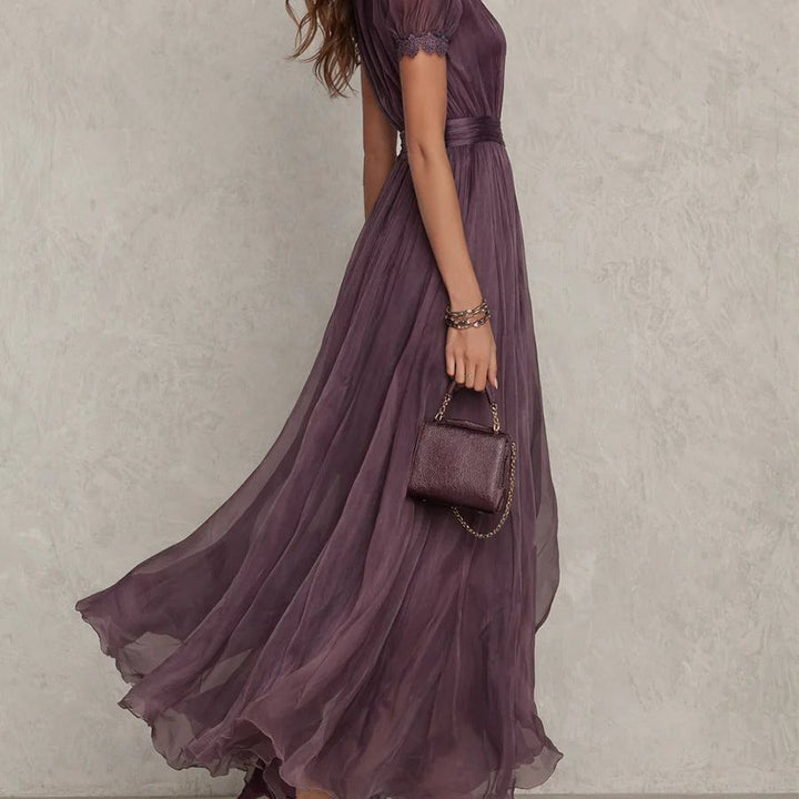 Flavia | Long purple dress with keyhole neckline, chiffon lace trim