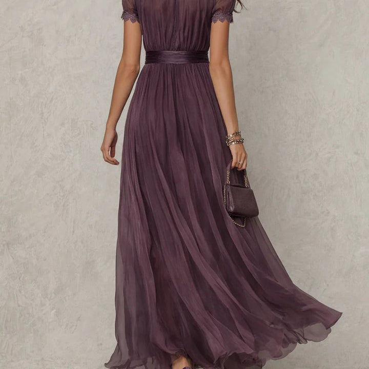 Purple Keyhole Neckline Chiffon Lace Trim Maxi Dress