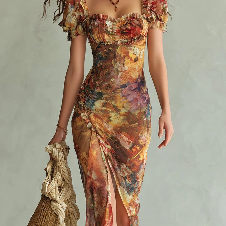 Orange Bohemian Holiday Oil Painting Print Chiffon Maxi Dress