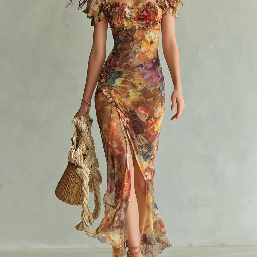 Orange Bohemian Holiday Oil Painting Print Chiffon Maxi Dress