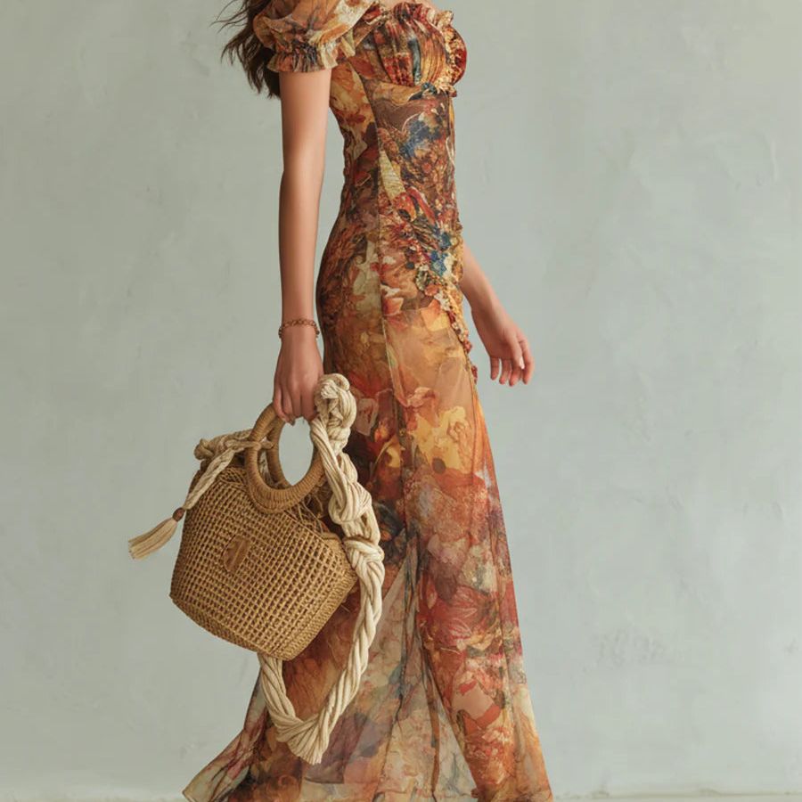 Orange Bohemian Holiday Oil Painting Print Chiffon Maxi Dress