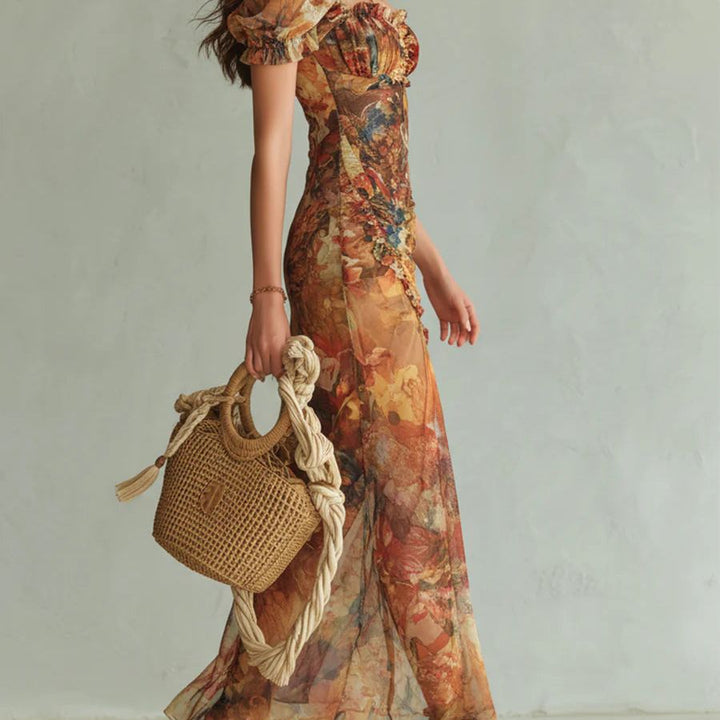 Orange Bohemian Holiday Oil Painting Print Chiffon Maxi Dress