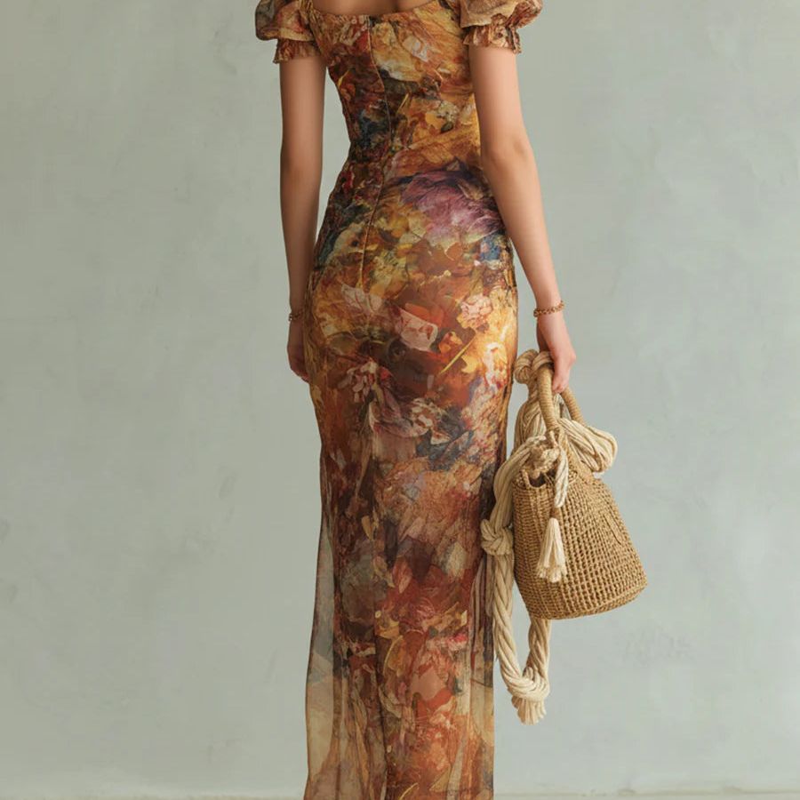 Orange Bohemian Holiday Oil Painting Print Chiffon Maxi Dress