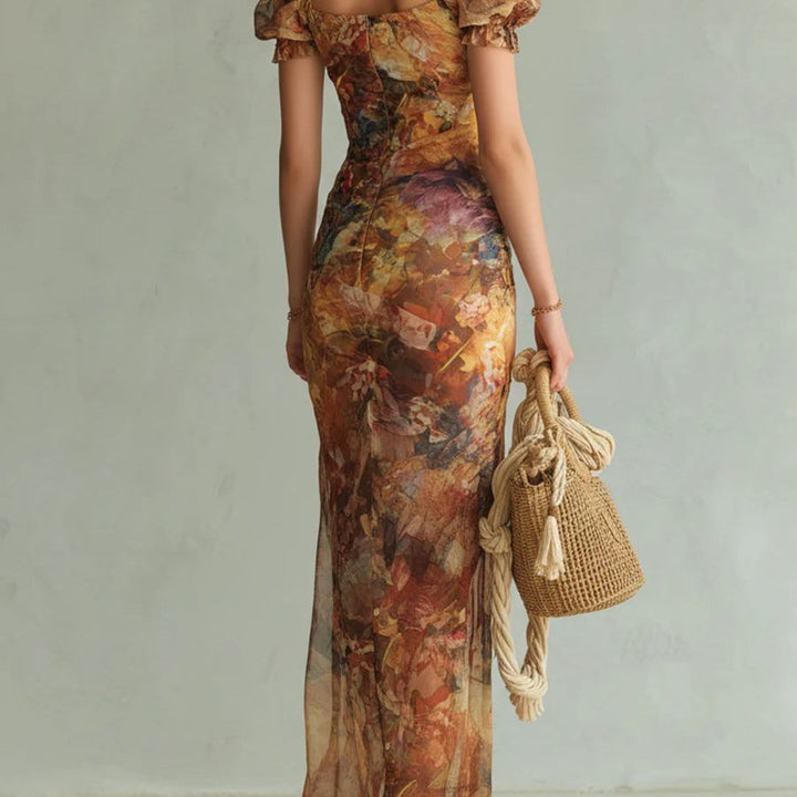 Orange Bohemian Holiday Oil Painting Print Chiffon Maxi Dress