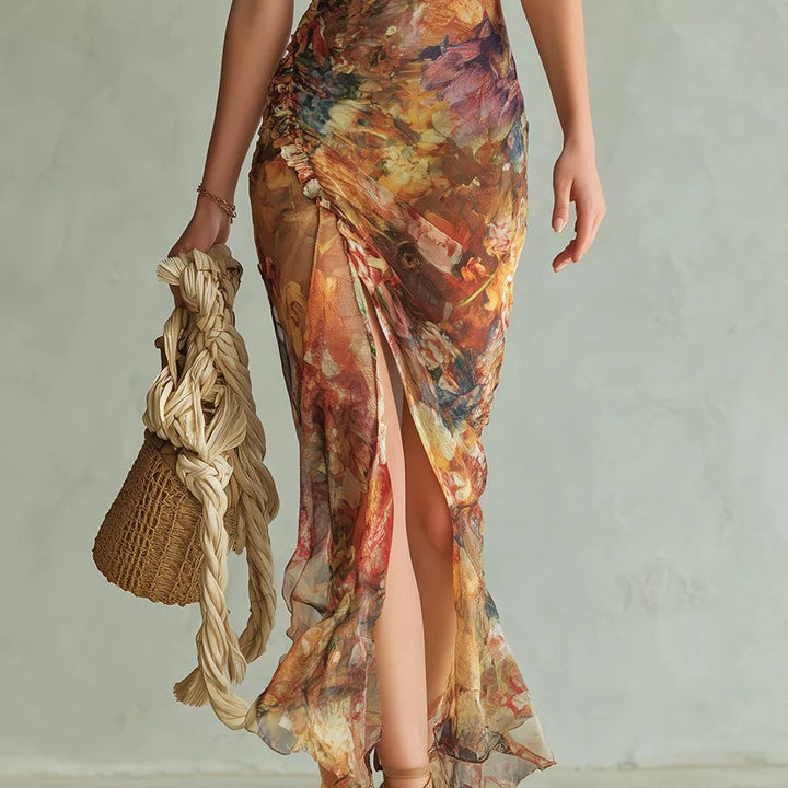 Orange Bohemian Holiday Oil Painting Print Chiffon Maxi Dress