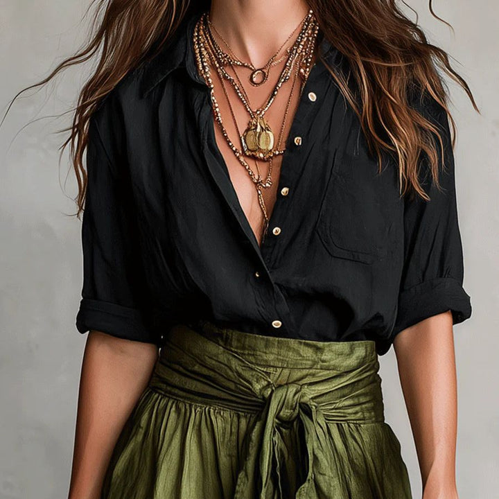 RIVER | Two-Piece Set: Black Top and Olive Green Midi Skirt