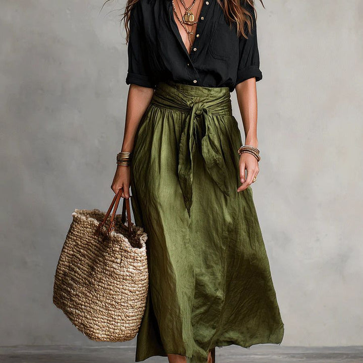 RIVER | Two-Piece Set: Black Top and Olive Green Midi Skirt