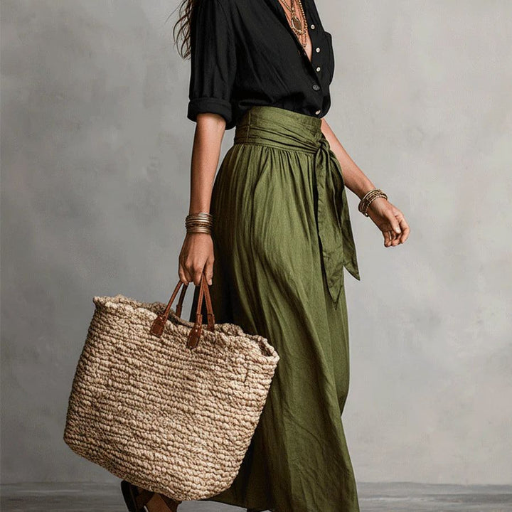 RIVER | Two-Piece Set: Black Top and Olive Green Midi Skirt