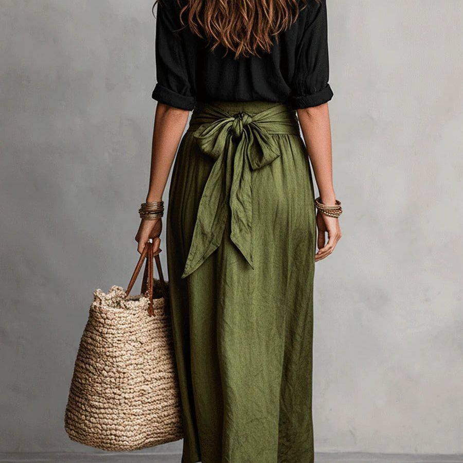 RIVER | Two-Piece Set: Black Top and Olive Green Midi Skirt