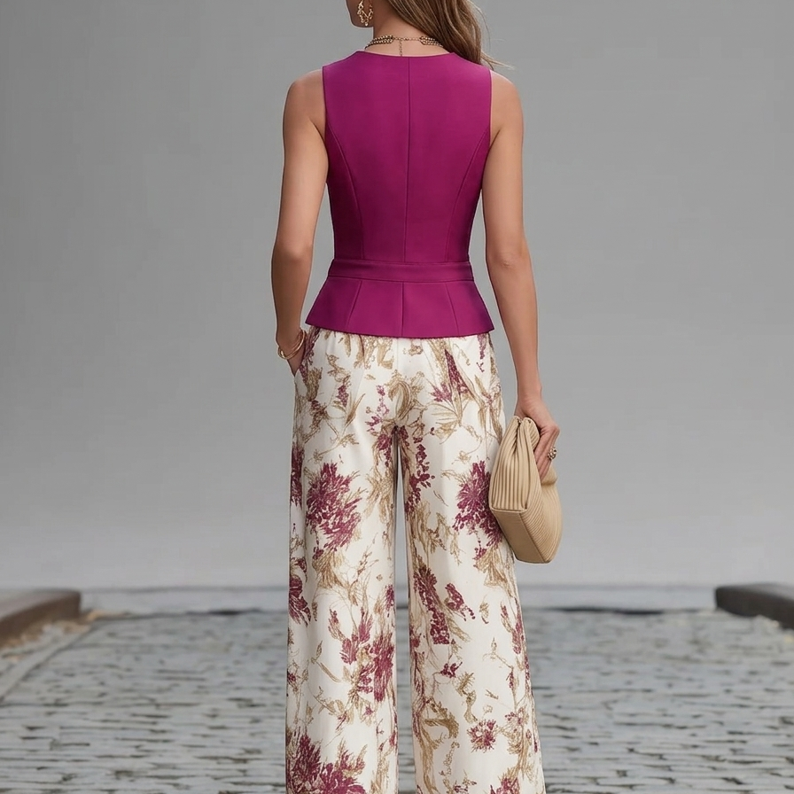 Rose Pink Sleeveless Vest And Floral Printed Wide-leg Pants Set