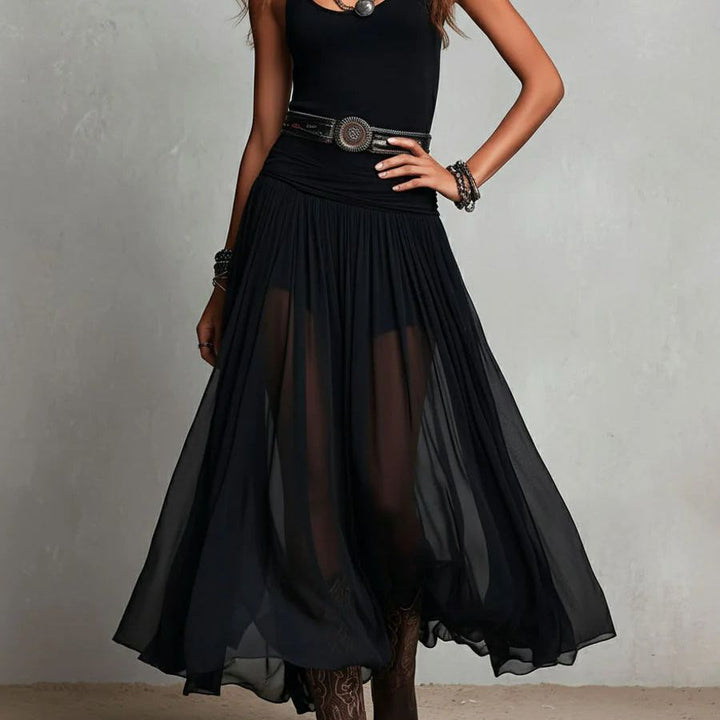 Black Sleeveless Tank Top With Tulle Skirt Maxi Dress (with belt)