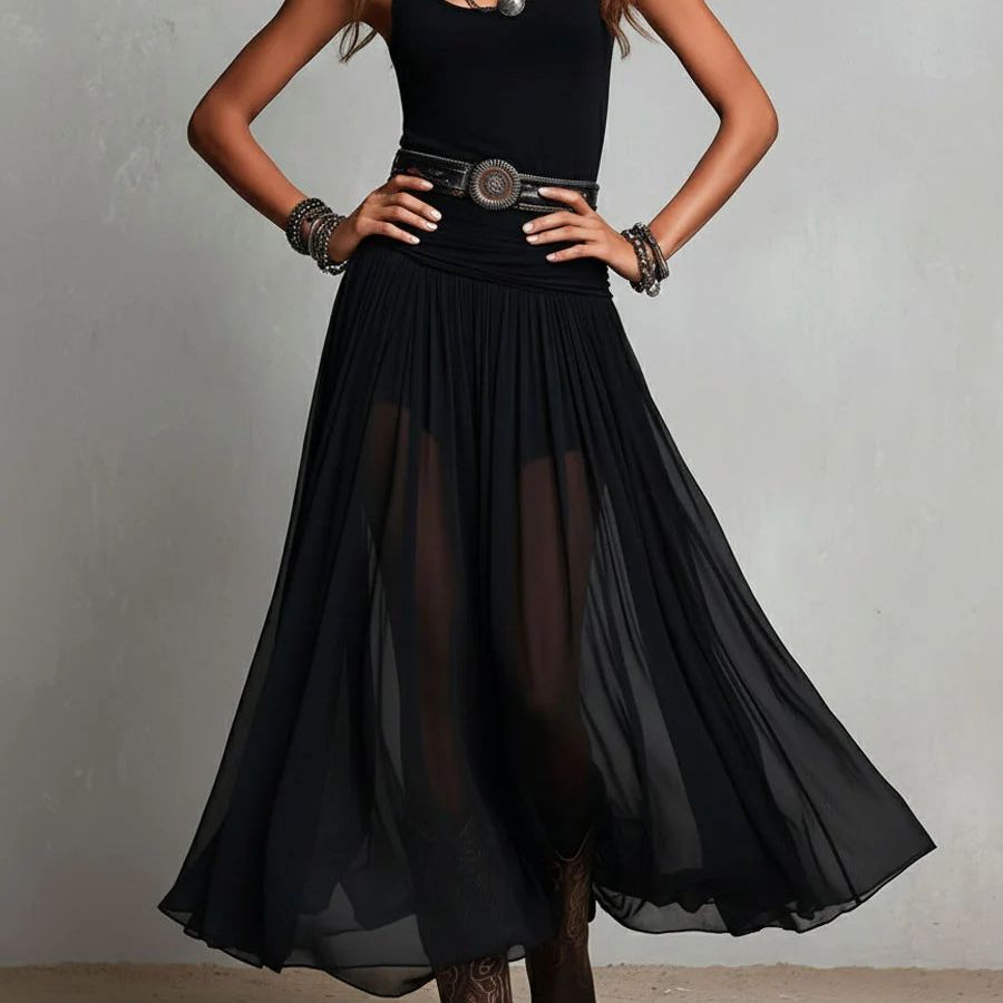 Black Sleeveless Tank Top With Tulle Skirt Maxi Dress (with belt)