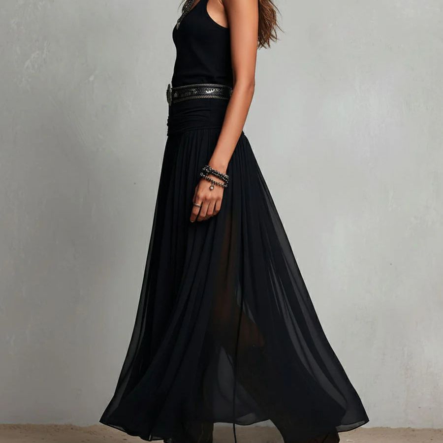Black Sleeveless Tank Top With Tulle Skirt Maxi Dress (with belt)