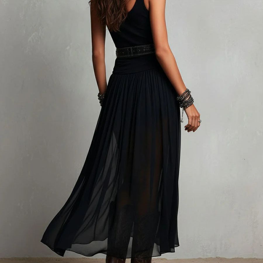 Black Sleeveless Tank Top With Tulle Skirt Maxi Dress (with belt)