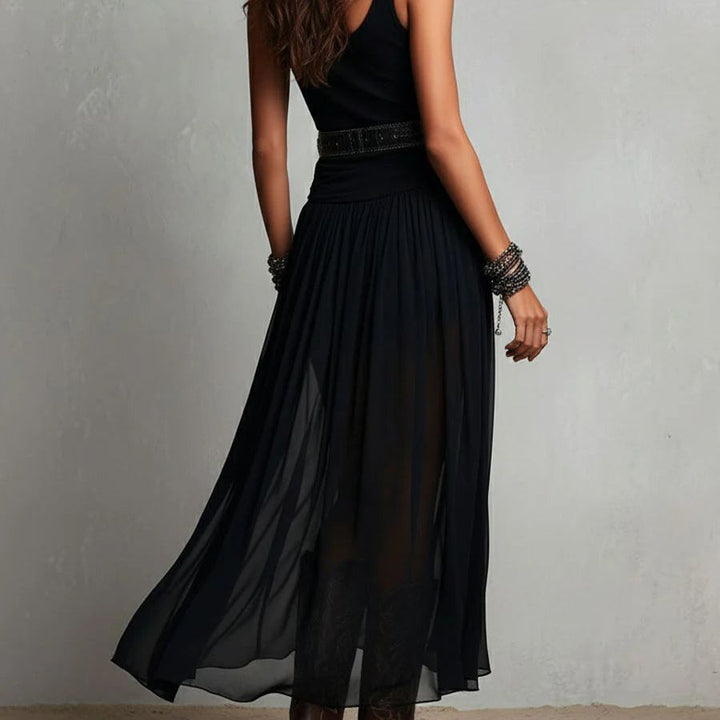 Black Sleeveless Tank Top With Tulle Skirt Maxi Dress (with belt)