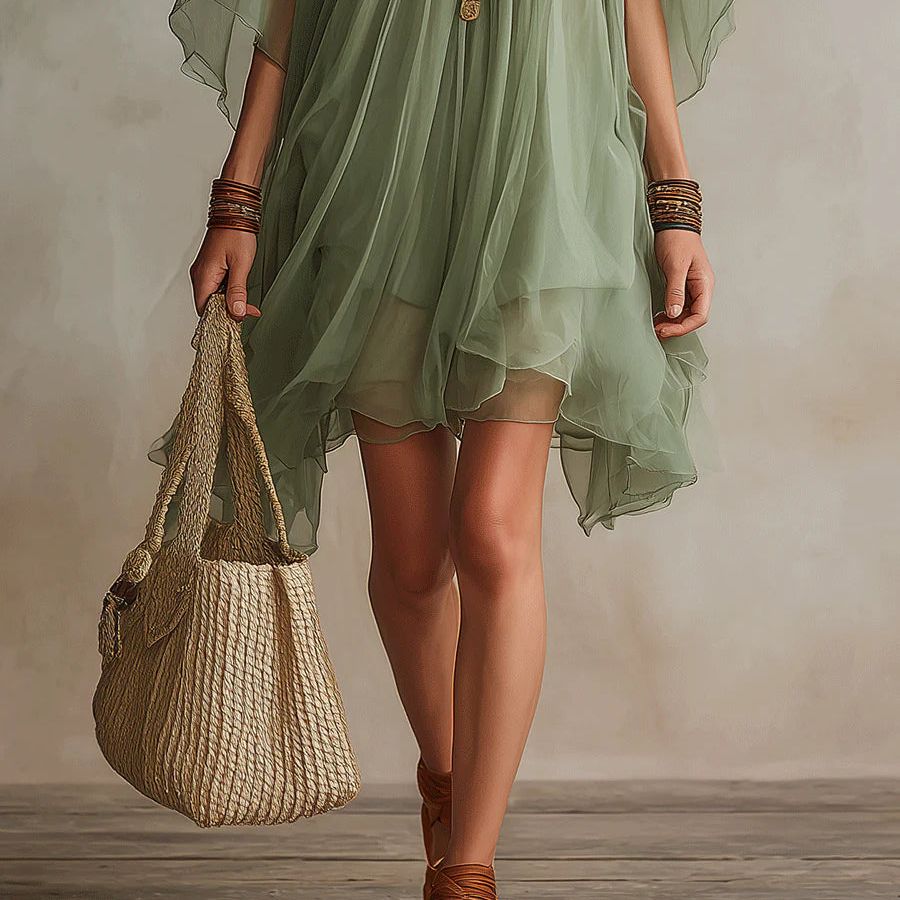 Green Chiffon V-neck Layered Flowy Mini Dress
