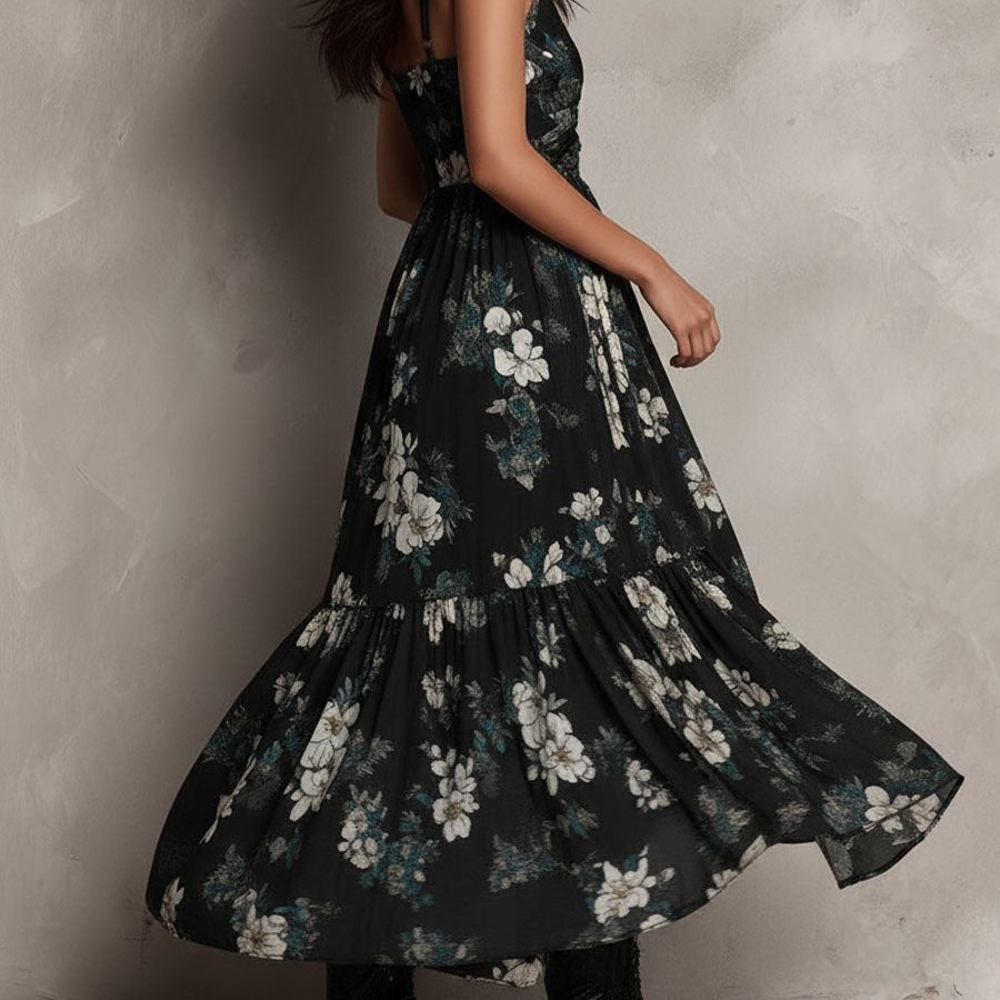 Black Bohemian Floral Print Irregular Strapless Maxi Dress
