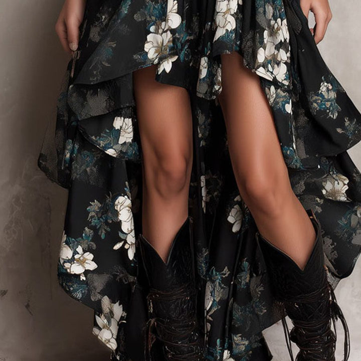 Black Bohemian Floral Print Irregular Strapless Maxi Dress