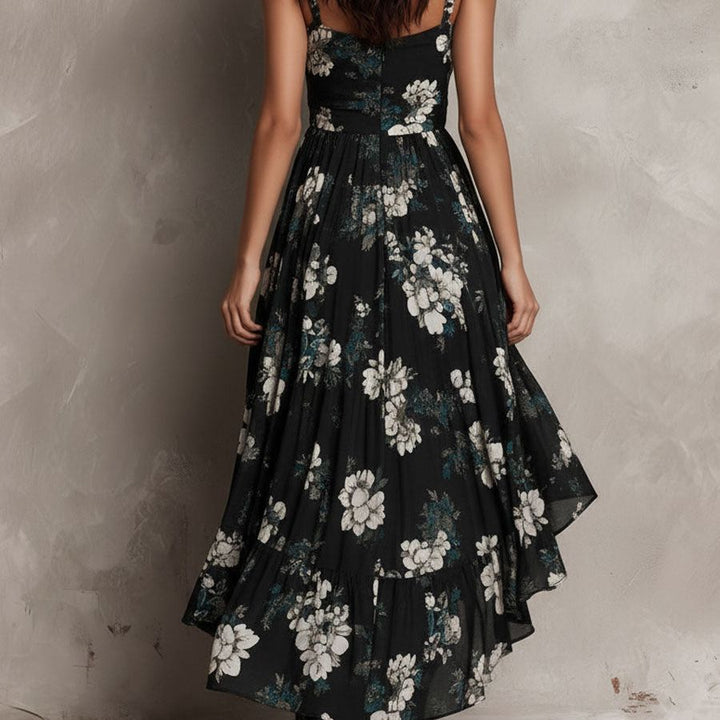 Black Bohemian Floral Print Irregular Strapless Maxi Dress