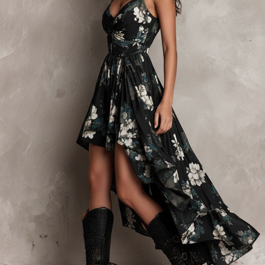 Black Bohemian Floral Print Irregular Strapless Maxi Dress