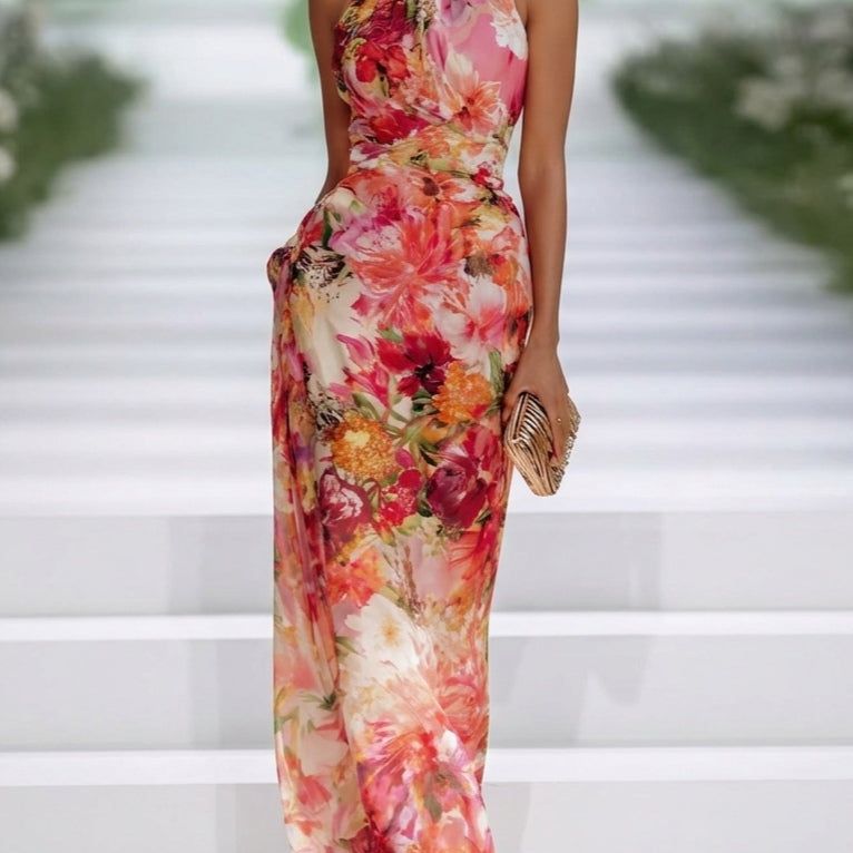 Red Chiffon Floral Halter-neck Sleeveless Maxi Dress