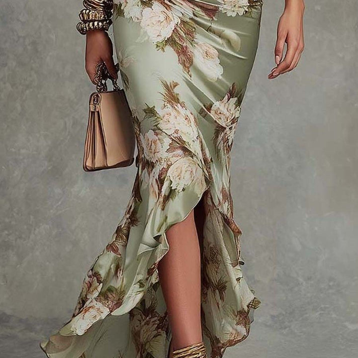 Green Floral Ruffled Bell Sleeve V-neck Satin Asymmetrical Maxi Dress