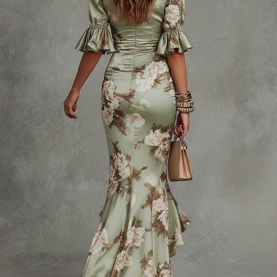 Green Floral Ruffled Bell Sleeve V-neck Satin Asymmetrical Maxi Dress