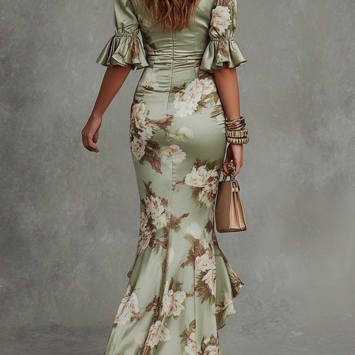 Green Floral Ruffled Bell Sleeve V-neck Satin Asymmetrical Maxi Dress