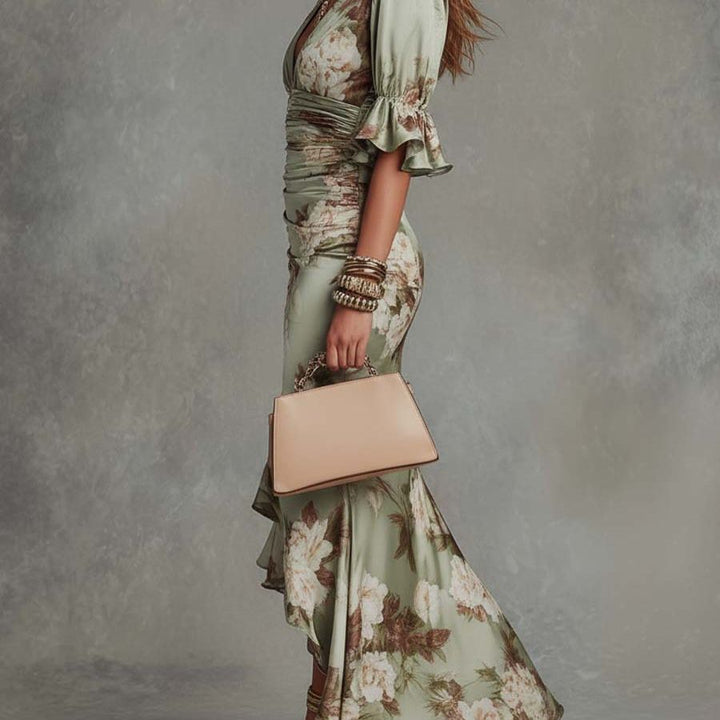 Green Floral Ruffled Bell Sleeve V-neck Satin Asymmetrical Maxi Dress