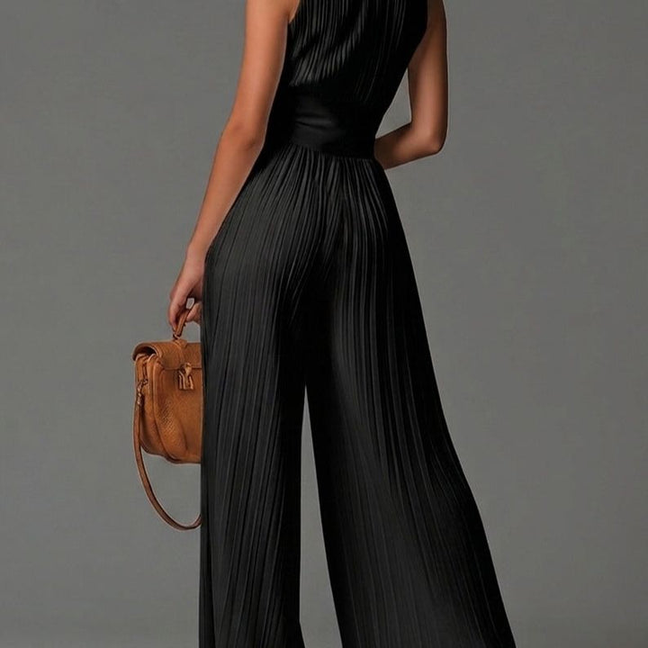Black V-neck Sleeveless Zip-up Pleated Wide-leg Chiffon Jumpsuit