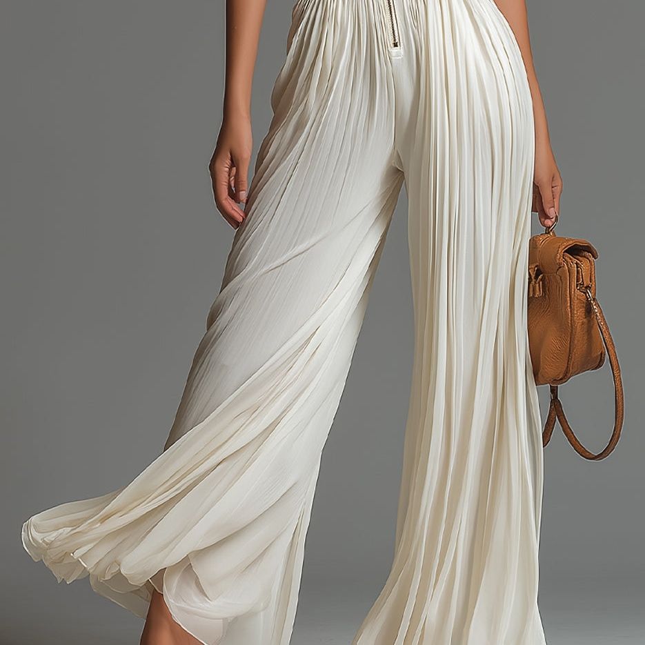 White V-neck Sleeveless Zip-up Pleated Wide-leg Chiffon Jumpsuit