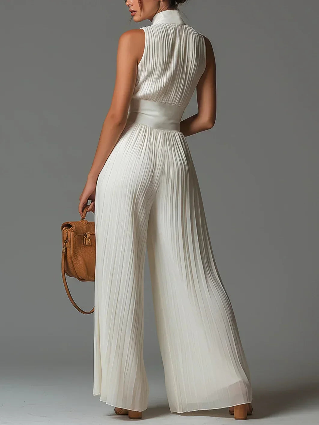 Vittoria · Black chiffon jumpsuit with V-neck, sleeveless, zip, pleated, wide-leg pants